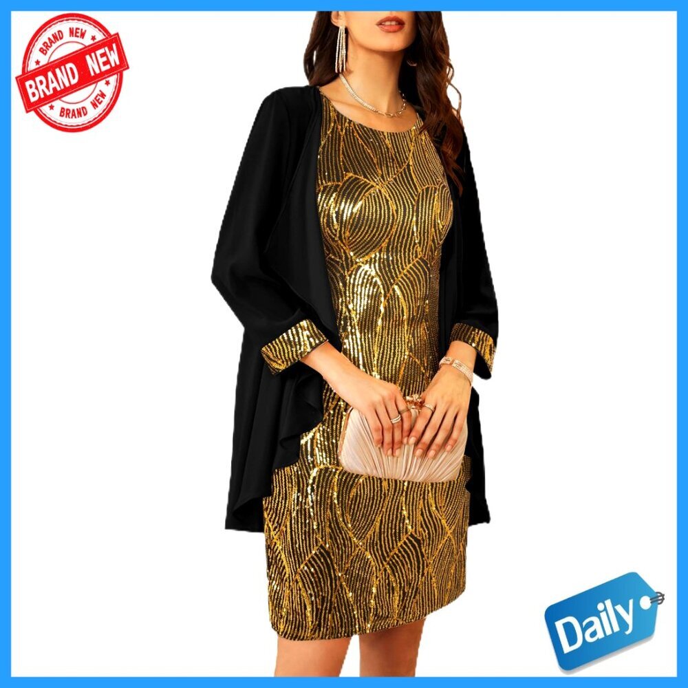 Sequin Two-Piece Formal Dress with Jacket, Knee Length, Hand Wash Only